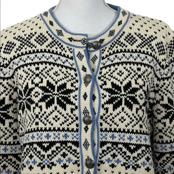LL BEAN Cotton Cardigan Fair Isle Snowflake Nordic Print Pewter Button - Picture 6 of 10